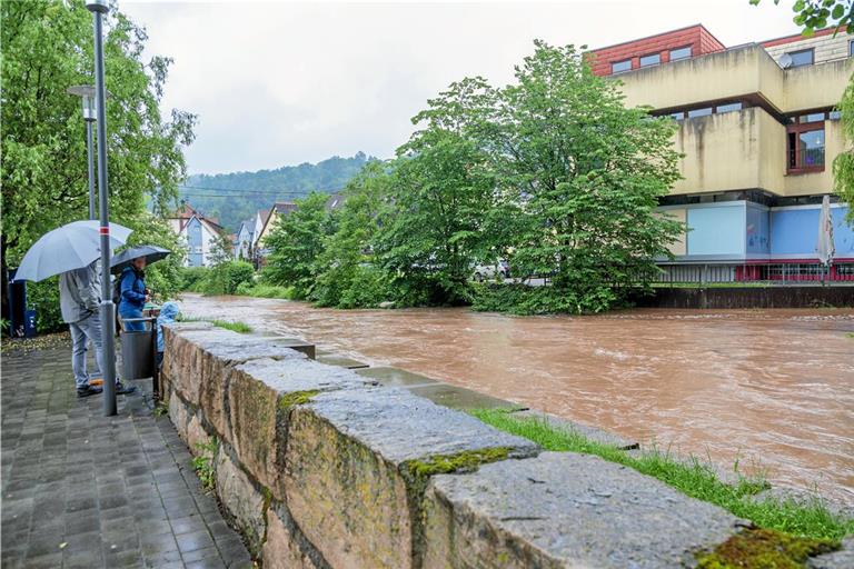 Am Samstag hat die Murr an den Treppen in der Innenstadt einen hohen Pegel und ein enormes Tempo erreicht. Fotos: Stefan Bossow