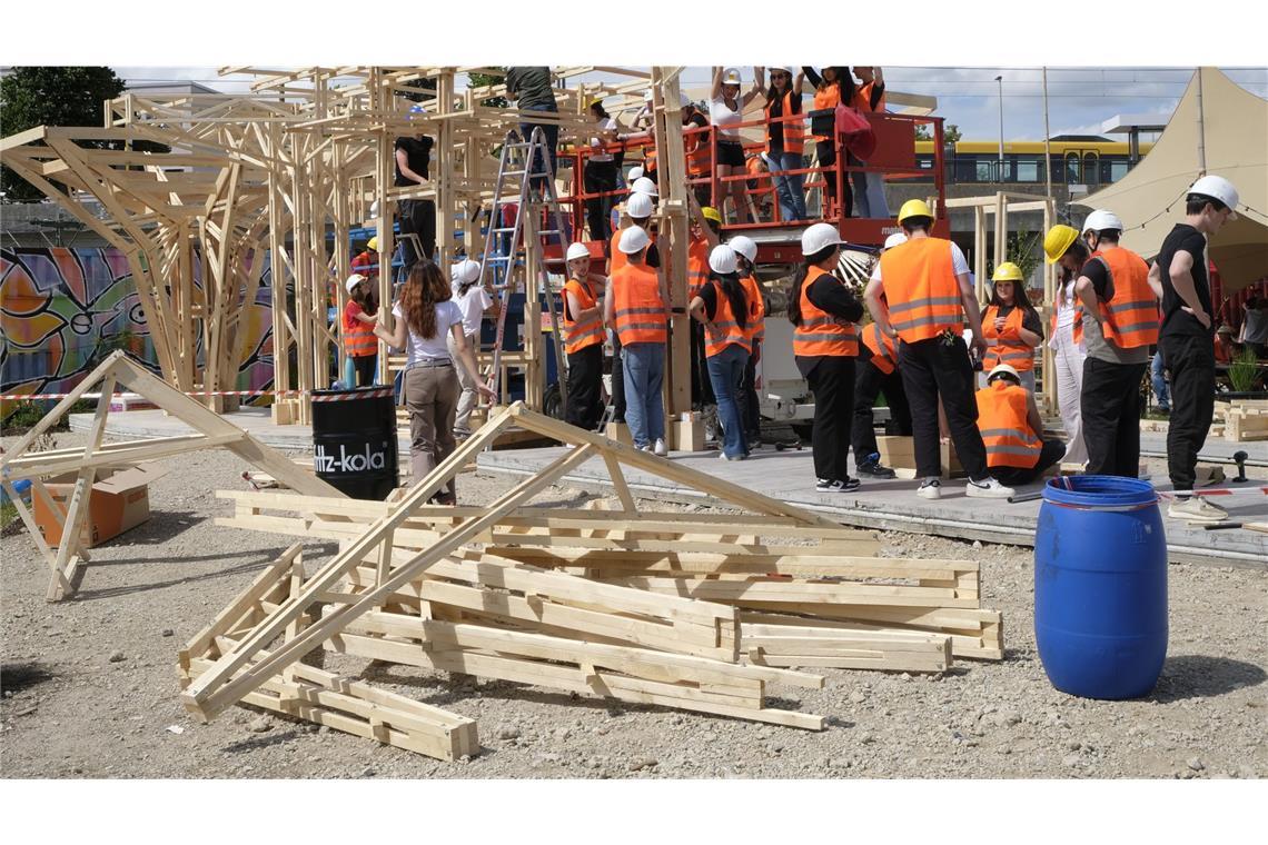 Aus Holzleisten sollten die Studierenden Schirme bauen, ohne dabei Abfall zu produzieren, um so auch den Ökonomiegedanken zu berücksichtigen. Auch sollte das  Material einfach zur Baustelle zu bringen sein. Transportwege sind  ein wichtiger Faktor beim nachhaltigen Bauen.