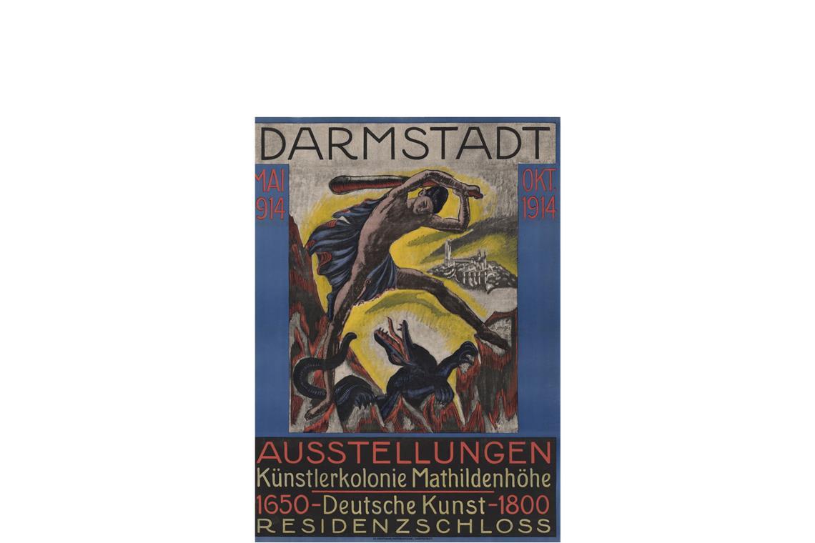 Ausstellungsplakat gestaltet von Bernhard Hoetger während seiner Zeit in Darmstadt auf der Mathildenhöhe. Zu sehen in der Raumkunst-Ausstellung im Museum des Künstlerquartiers.