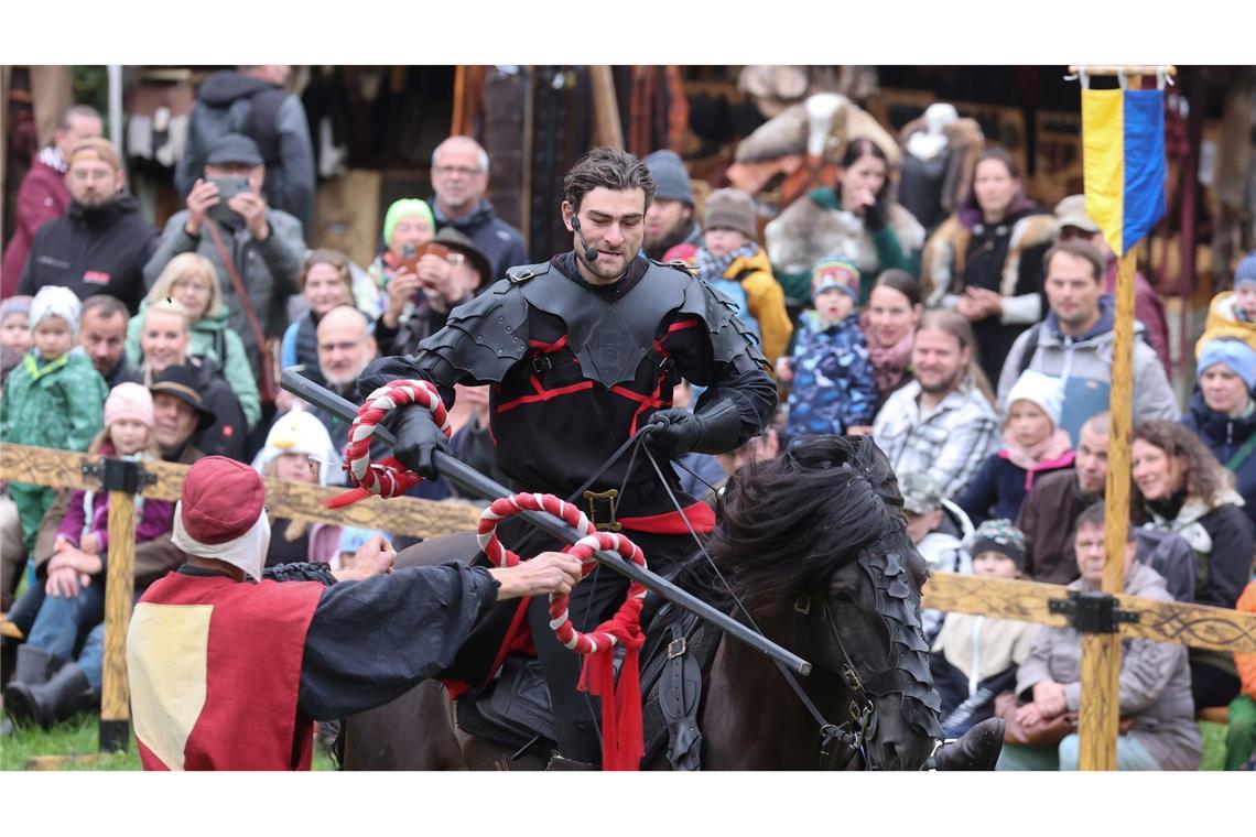 Beim Mittelalterspektakel auf der Niederburg in Thüringen zeigt dieser edle Ritter sein Können.