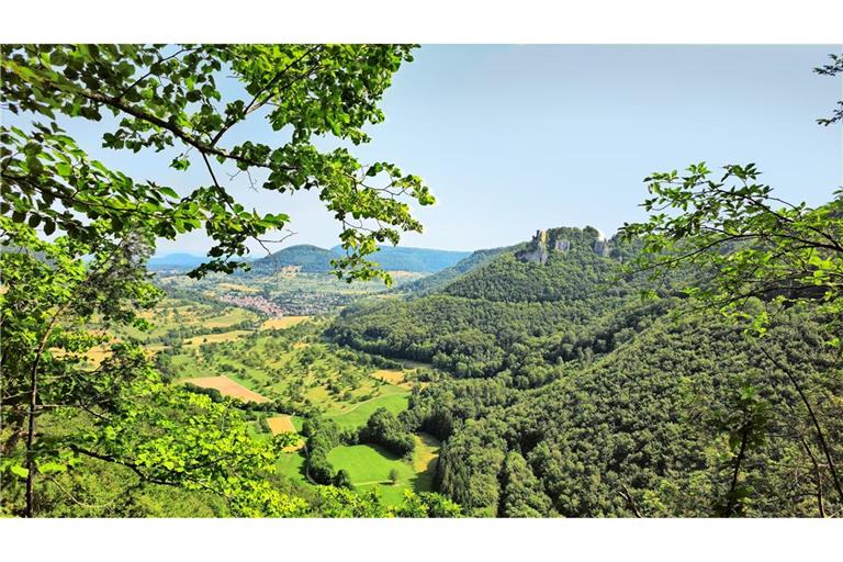 Blick ins Neidlinger Tal und zur Ruine Reußenstein.