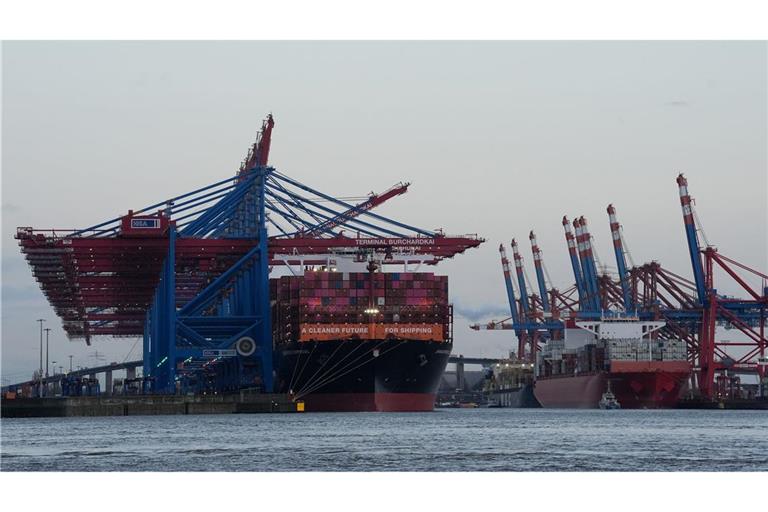 Containerschiffe von Hapag-Lloyd und Maersk liegen im Hamburger Hafen. (Archivbild)