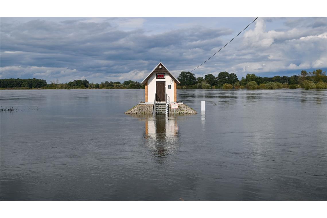 Das Pegelhäuschen bei Ratzdorf an der Oder ist von Wassermassen umgeben.