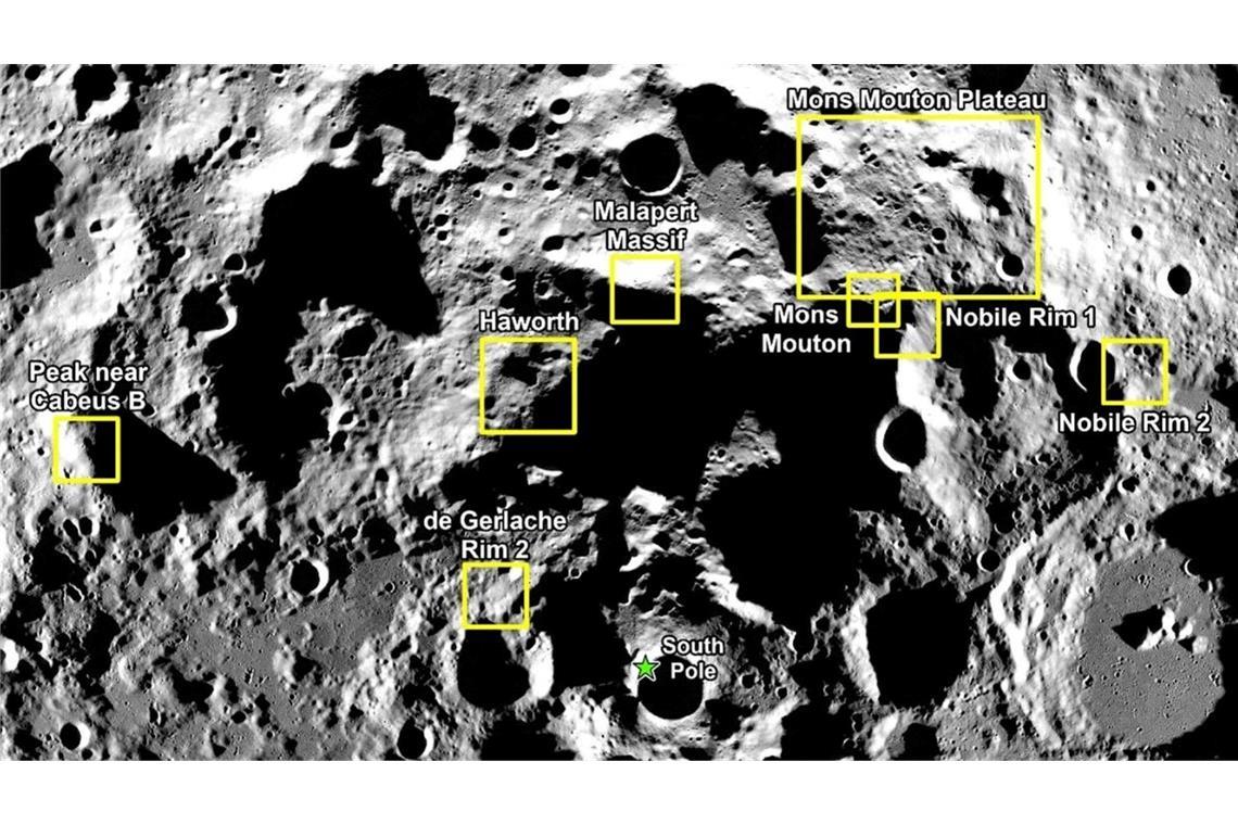 Das von der Nasa zur Verfügung gestellte Bild zeigt neun potenzielle Landegebiete.