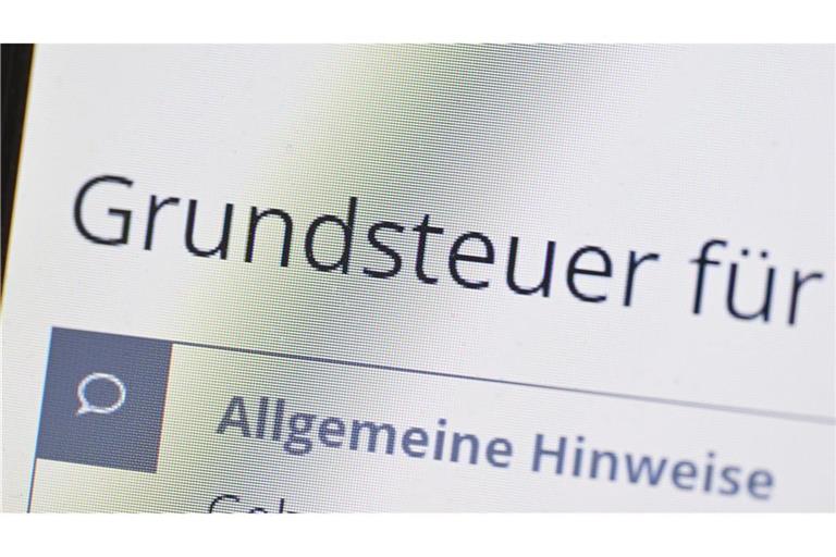 Das Wort Grundsteuer erscheint auf einem Computerbildschirm auf der Seite des Online-Steuerportals Elster.