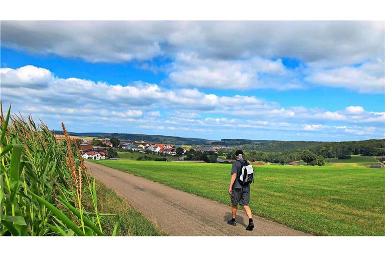 Den Windpark Schnittlingen im Blick: Wanderer bei Oberweckerstell.