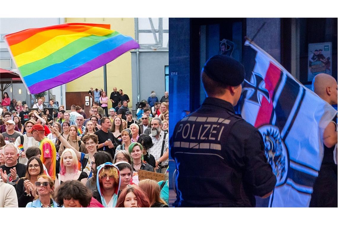 Der Bürgerturmplatz in Albstadt (links) wurde mit hoher Polizeipräsenz vor Gegendemonstranten (rechts) gesichert.