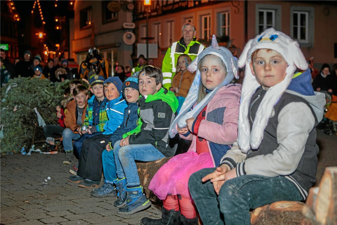 Der gefällte Narrenbaum vor dem Rathaus gibt eine gute Zuschauerbank für die jüngeren Gäste ab.