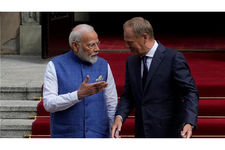 Der indische Ministerpräsident Narendra Modi im Gespräch mit seinem polnischen Amtskollegen Donald Tusk (Foto Aktuell)