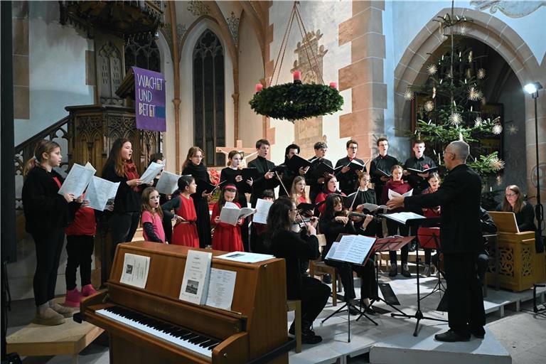 Der Kinder- und Jugendchor der evangelischen Kirchenmusik, ein Streichensemble der Familie Kefer, Julia Kirschbaum am Orgelpositiv (rechts) mit Kantor Gottfried Mayer (Zweiter von rechts) bei ihrem Auftritt. Foto: Elisabeth Klaper