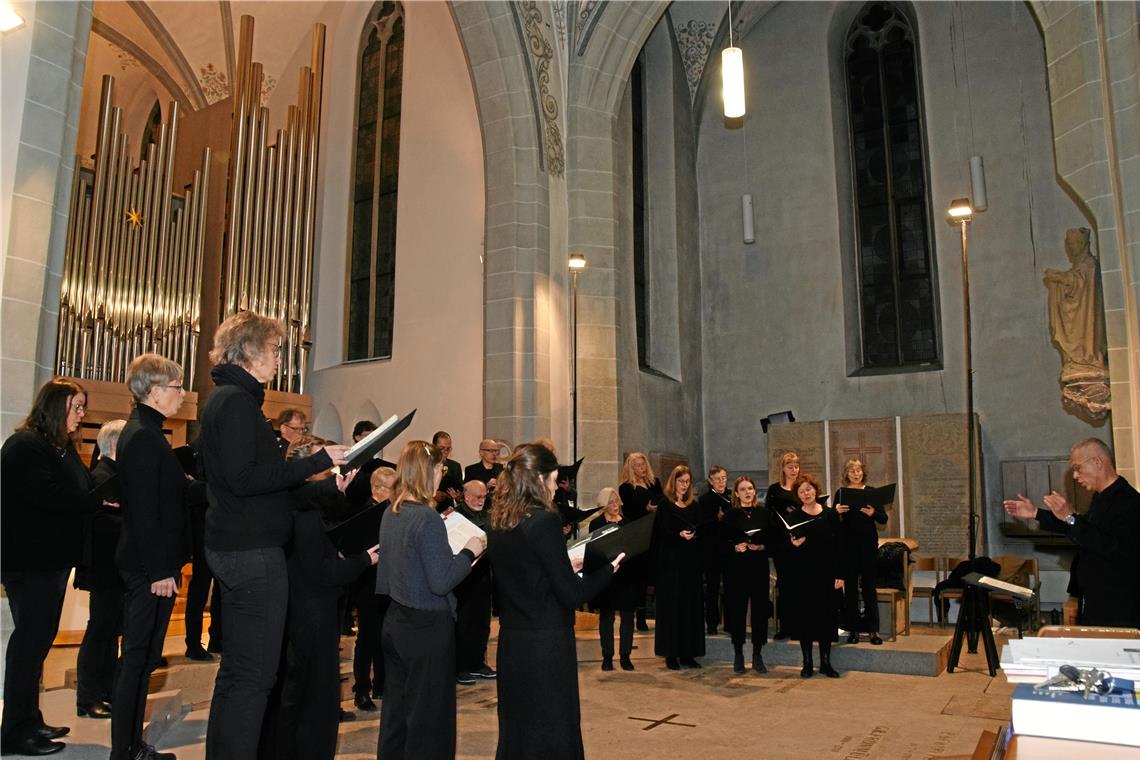 Der Murrhardter Kammerchor unter der Leitung von Kantor Gottfried Mayer (rechts) beschert dem Publikum ein beeindruckendes Konzert in der Stadtkirche. Foto: Elisabeth Klaper