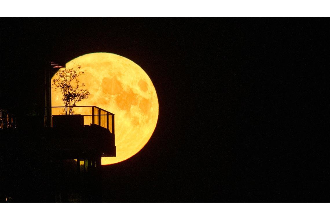 Der Supermond geht hinter einem Hochhaus an der Berliner East Side Galery auf.