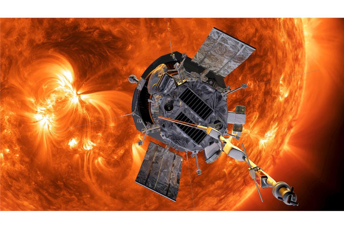 Die Computergrafik zeigt die "Parker Solar Probe"-Sonde  auf dem Weg zur Sonne.