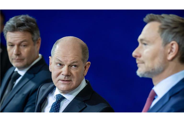 Die drei Ampel-Spitzen: Robert Habeck (Grüne), Olaf Scholz (SPD) und Christian Lindner (FDP).