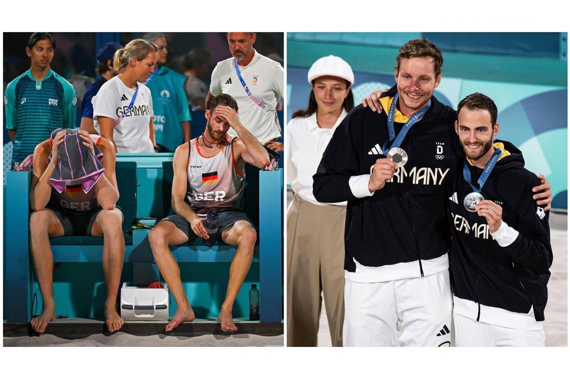 Die Enttäuschung war groß nach dem verlorenen Beachvolleyball-Finale. Mit den Medaillen um den Hals konnten Nils Ehlers und Clemens Wickler dann aber auch schon wieder lachen.