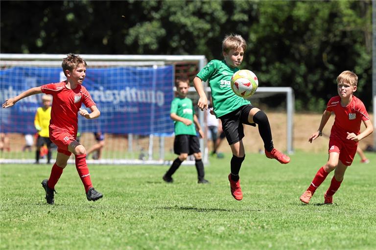 Die F-Jugend der SG Oppenweiler/Strümpfelbach machte große Sprünge und setzte sich im Endspiel des Jahrgangs 2013 gegen die TSG Backnang II mit 2:1 durch. Foto: Alexander Becher