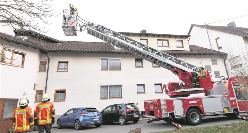 Die Feuerwehr übt am Haus Gronbachmühle die Rettung von Personen übers Dach mittels der Drehleiter. Foto: J. Fiedler