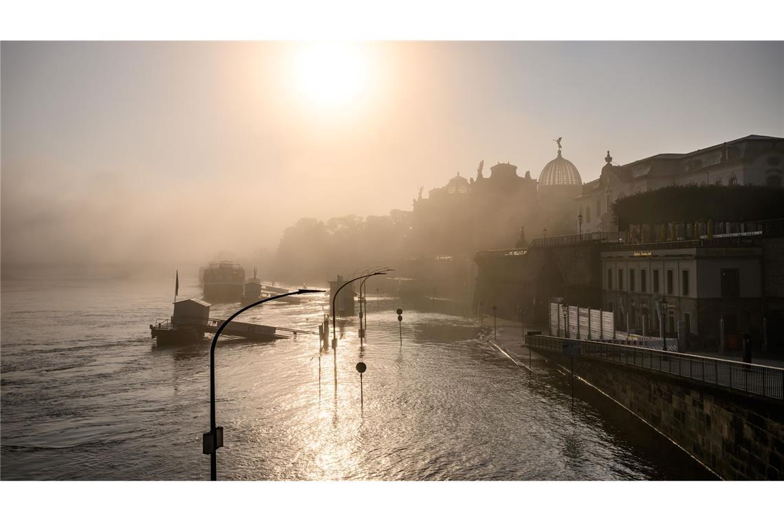 Die Fluten der Elbe reichen bis ans Terrassenufer.