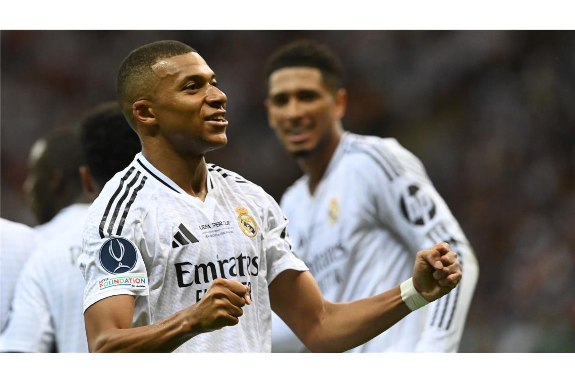 Die Freude von Kylian Mbappé nach seinem ersten Pflichtspieltor für Real Madrid war groß.