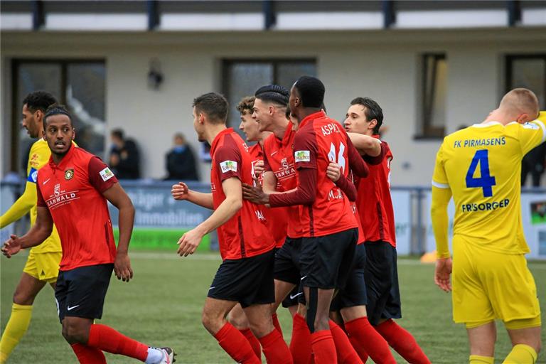 Die Großaspacher Spieler um den dreifachen Torschützen Marvin Cuni (Fünfter von links) haben beim 7:1-Kantersieg allen Grund zur Freude. Foto: A. Becher