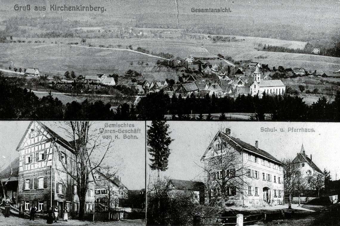 Die historische Postkarte von Kirchenkirnberg zeigt ein Foto des ehemaligen Schulhauses rechts unten, in dem seit den 1970er-Jahren der evangelische Kindergarten untergebracht ist. Foto: Stadtarchiv Murrhardt