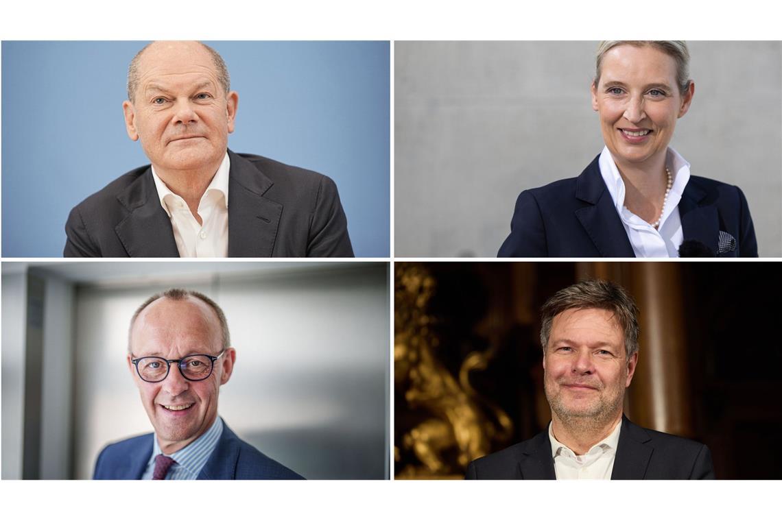 Die Kanzlerkandidaten von links oben im Uhrzeigersinn: Olaf Scholz (SPD), Alice Weidel (AfD), Robert Habeck (Die Grünen) und Friedrich Merz (CDU)