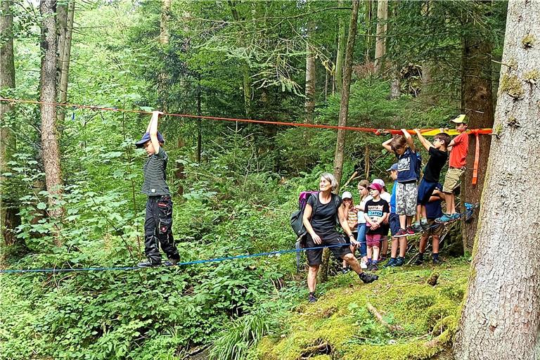 Die Kinder nehmen ihren Weg auf dem gespannten Seil über den Fluss. Manchen macht das so viel Spaß, dass sie die Überquerung mehrmals in Angriff nehmen. Foto: Gesangverein Westermurr