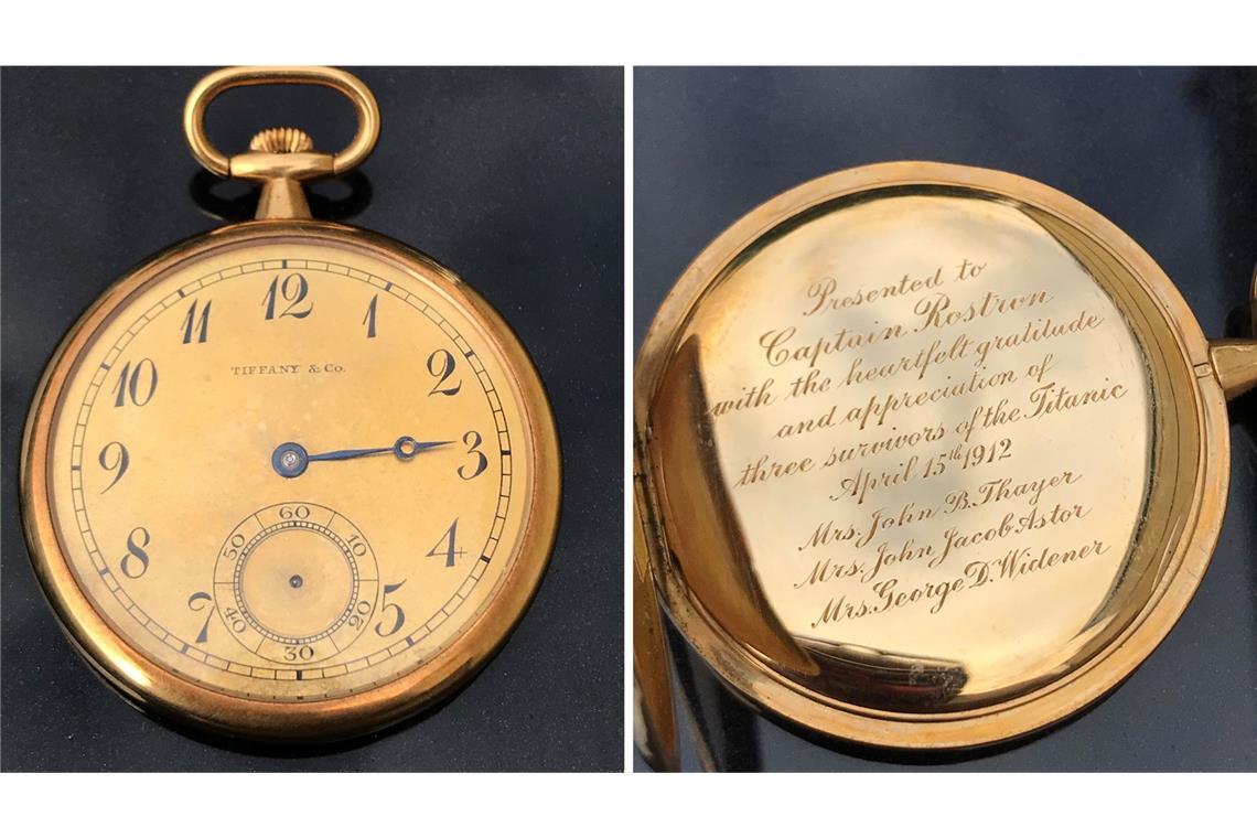 Die Kombo zeigt zwei Fotos, herausgegeben vom Auktionshaus Henry Aldridge and Son, einer 18-karätigen goldenen Taschenuhr, die dem Kapitän des Schiffes „Carpathia“, das mehr als 700 überlebende Passagiere der Titanic rettete, als Zeichen der Dankbarkeit von drei Überlebenden überreicht wurde.