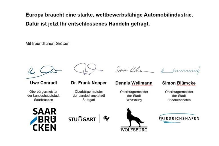 Die OBs von Saarbrücken, Stuttgart, Wolfsburg und Friedrichshafen haben den Appell an die EU unterzeichnet.