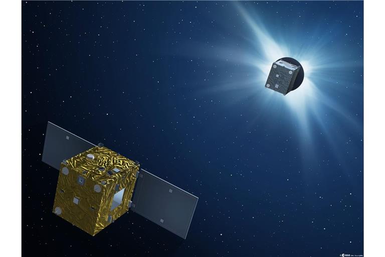 Diese undatierte künstlerische Illustration, die von der Europäischen Weltraumorganisation (Esa) herausgegeben wurde, zeigt die beiden Satelliten der Mission Proba-3. Das Satellitenpaar soll in einem genauen Abstand zueinander fliegen und eine totale Sonnenfinsternis simulieren.