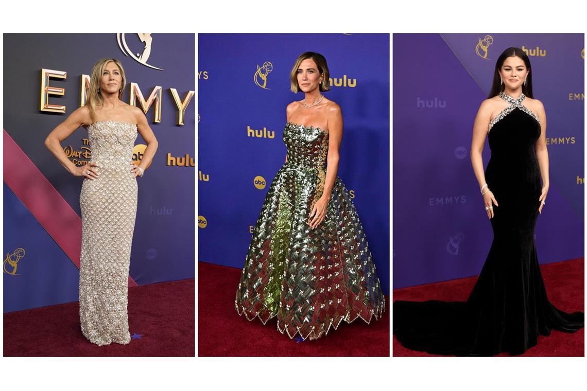 Drei lassen glitzern (von links): Jennifer Aniston, Kristen Wiig und Selena Gomez bei den 76. Emmys.