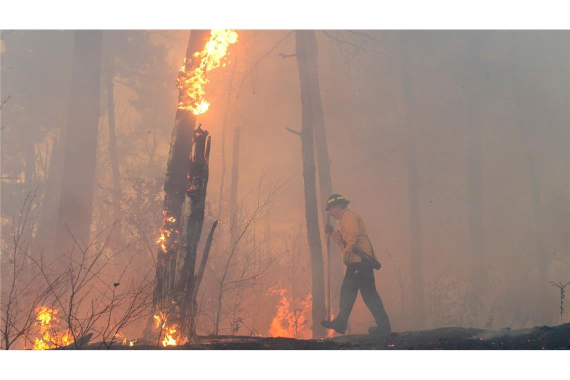 Ein Feuerwehrmann kämpft gegen ein Buschfeuer im US-Bundesstaat Vermont. Es wurde möglicherweise durch eine umgestürzte Stromleitung ausgelöst.