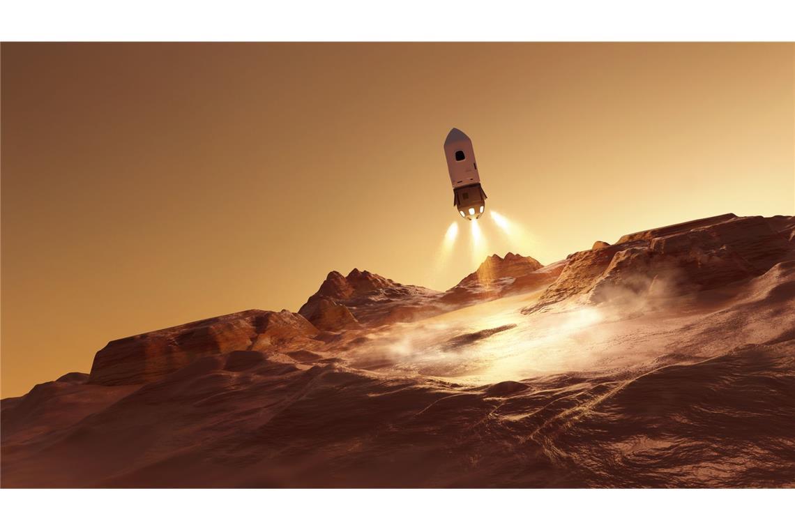 Ein imaginäres Raumschiff landet auf der Marsoberfläche: Was künftige Raumfahrer auf dem Mars unverzichtbar zum Überleben brauchen, ist Wasser.