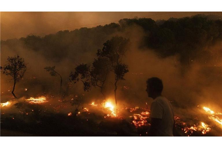 Ein Mann geht im August 2023 nahe der Flammen eines brennenden Waldes im Dorf Dikela in der Nähe der Stadt Alexandroupolis.