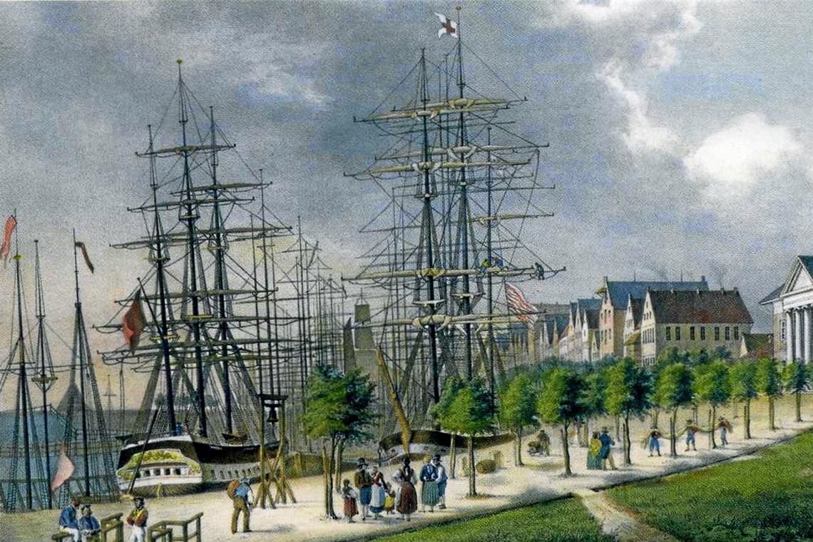 Eine Ansicht der Stadt Bremerhaven im Jahr 1845, von wo aus Auswandererschiffe losfuhren. Foto: Historisches Museum Bremerhaven
