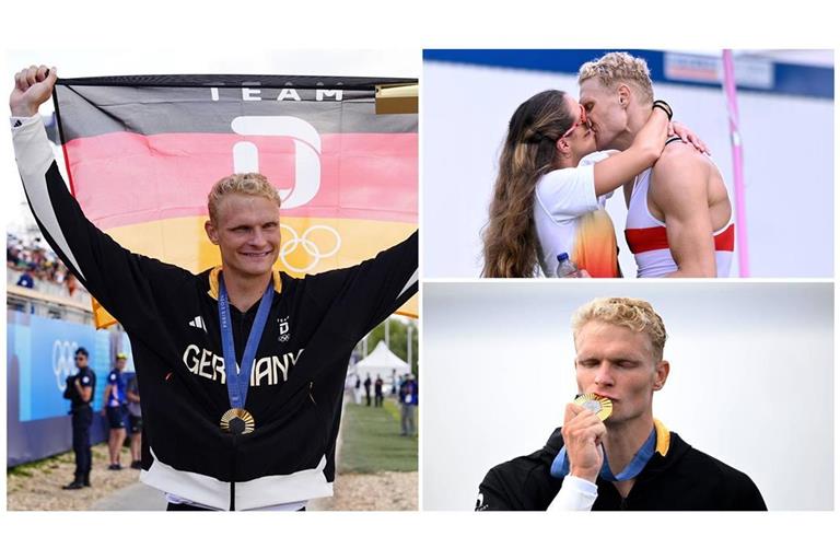 Emotionaler Olympiasieg: Ruderer Oliver Zeidler jubelt mit seiner Goldmedaille – und ganz innig mit seiner Freundin Sofia Meakin.