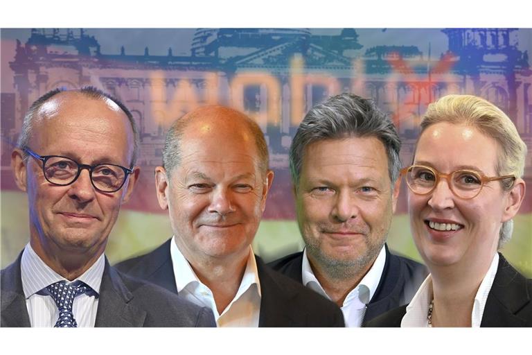 Friedrich Merz (CDU), Olaf Scholz (SPD), Robert Habeck (Grüne) und Alice Weídel (AfD) bewerben sich für das Kanzleramt.