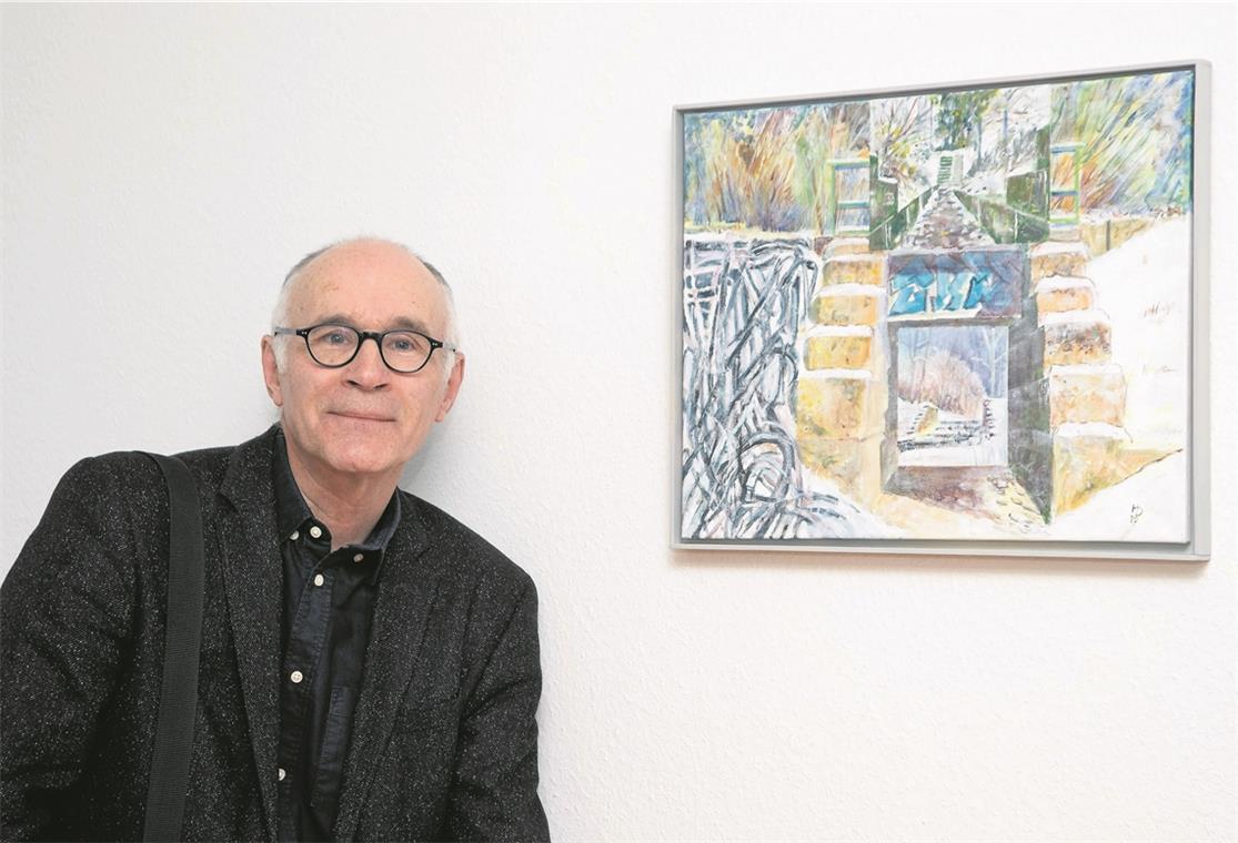 Heinrich Dyckmans gibt eine kleine Einführung – hier bei seinem Bild „Unterführung I“. Foto: J. Fiedler