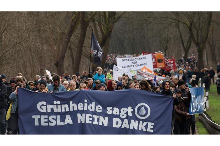 Im März protestierten Hunderte Demonstranten in Grünheide.