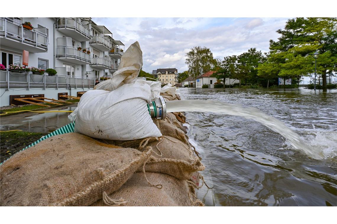 In Eisenhüttenstadt sollen Sandsack-Barrieren Häuser schützen.