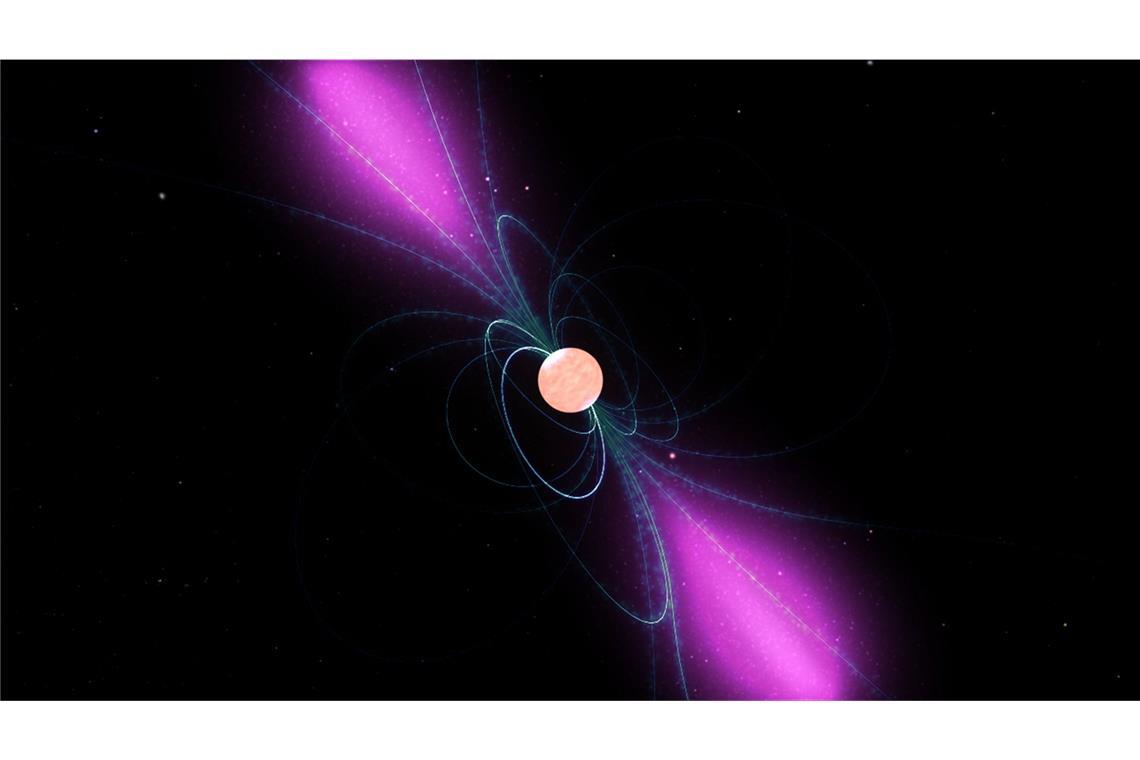 Künstlerische Darstellung eines rotierenden Pulsars mit seinem starken Magnetfeld, das sich mit ihm dreht. Wolken geladener Teilchen bewegen sich entlang der Feldlinien und ihre Gammastrahlen werden wie ein Leuchtturmlicht ausgestrahlt.