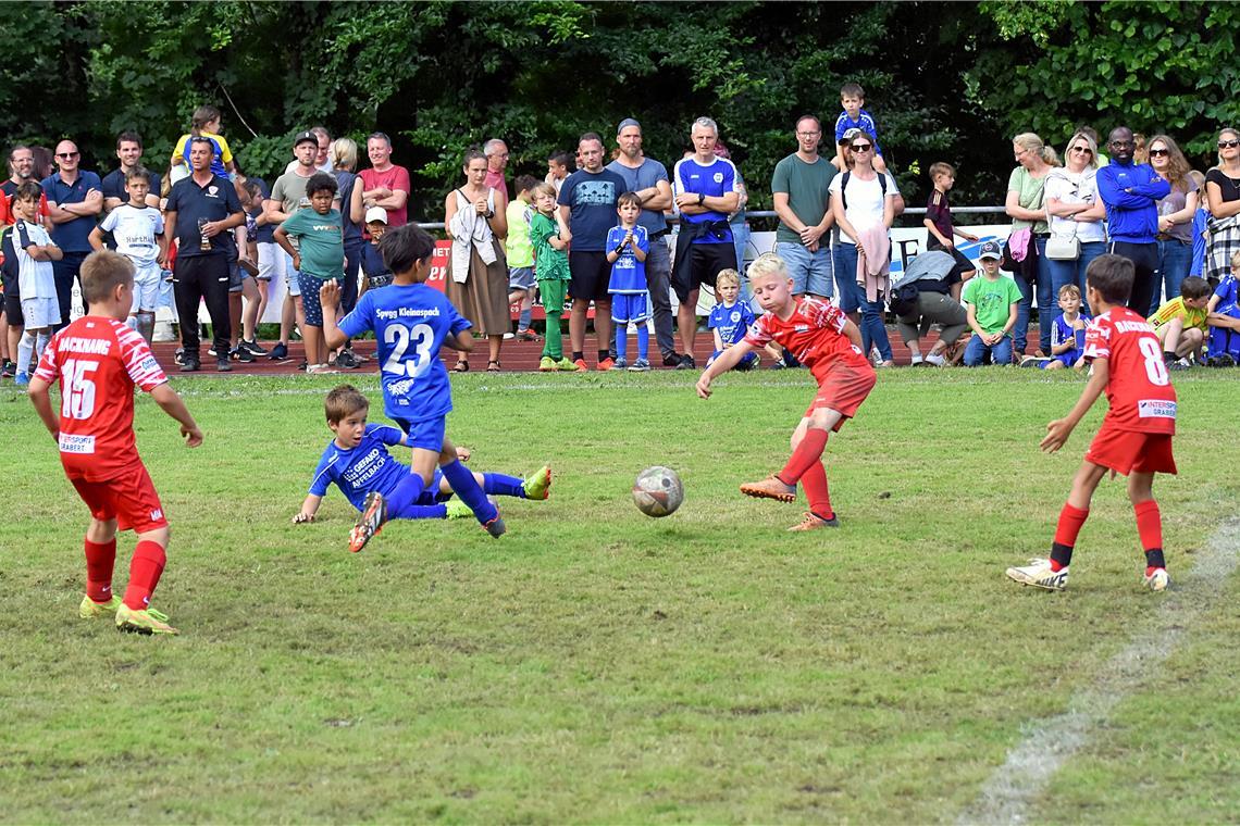 Lasse Hauke (beim Schuss) hat mit drei Toren im Finale des F-Jugend-Jahrgangs 2015 großen Anteil am souveränen TSG-Sieg gegen die Spvgg Kleinaspach/Allmersbach. Foto: Tobias Sellmaier