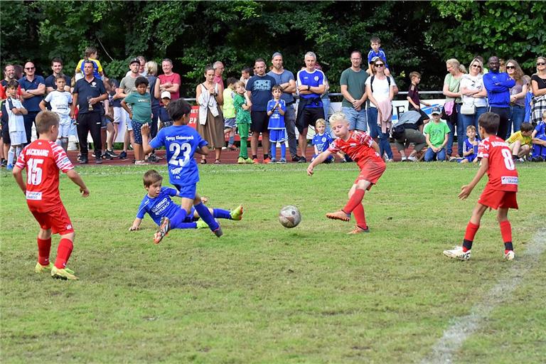 Lasse Hauke (beim Schuss) hat mit drei Toren im Finale des F-Jugend-Jahrgangs 2015 großen Anteil am souveränen TSG-Sieg gegen die Spvgg Kleinaspach/Allmersbach. Foto: Tobias Sellmaier