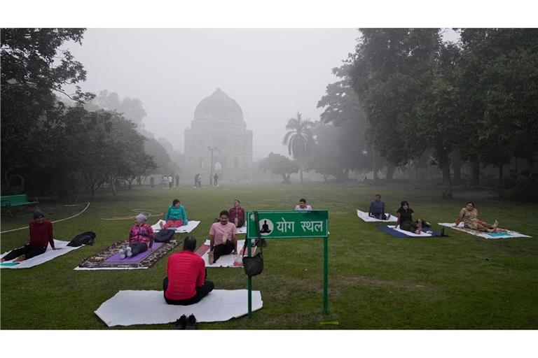 Menschen machen trotz extremer Luftverschmutzung Yoga in einem Park in Neu-Delhi.