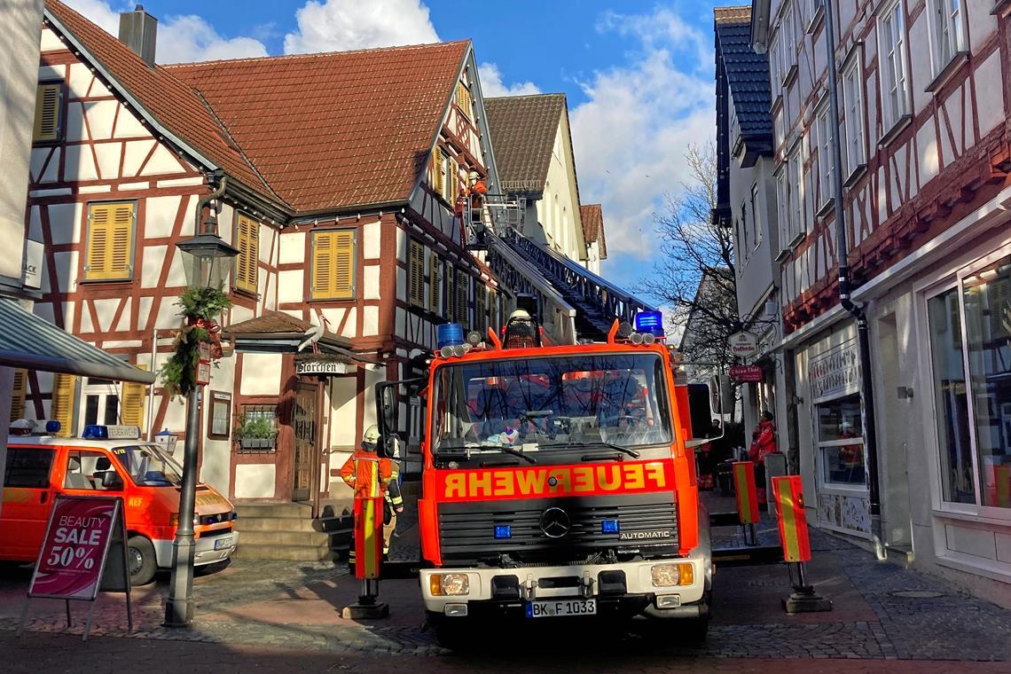 Mit einer Drehleiter gelangt ein Feuerwehrmann zu der Wohnung im Obergeschoss. Foto: privat 