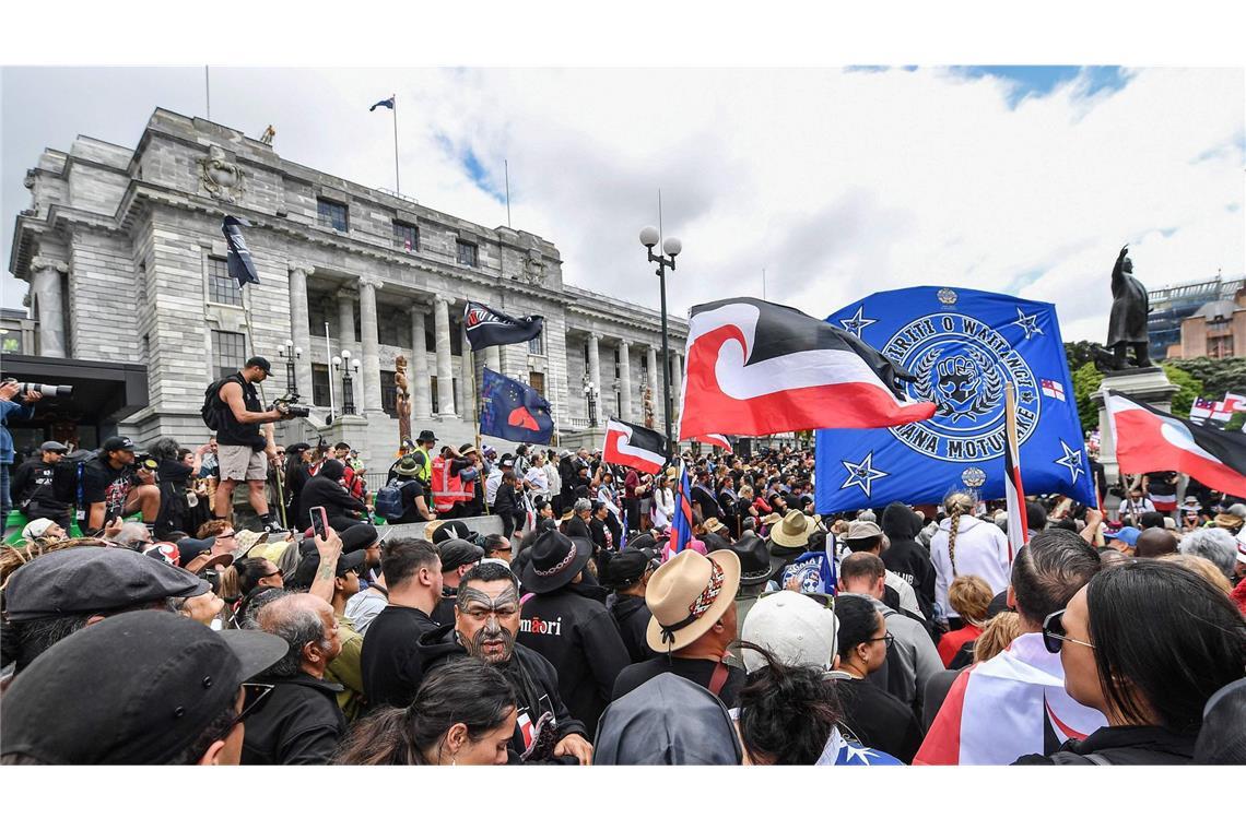 Mitglieder der Maori und weitere Unterstützer demonstrieren vor dem Parlament in Wellington.