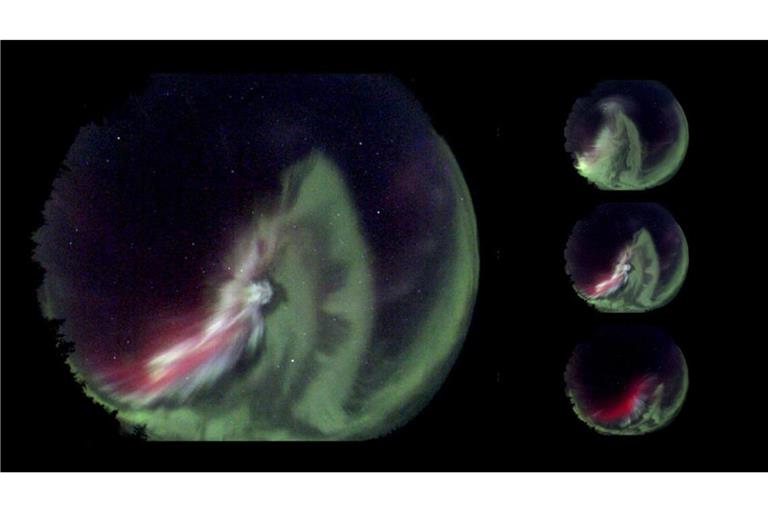 Neben den typische grünlichen und rötlichen Polarlicht zeigen diese Himmelsaufnahmen ein  weißliches Leuchten. Woher stammen diese mysteriösen weißen Lichtflecken?