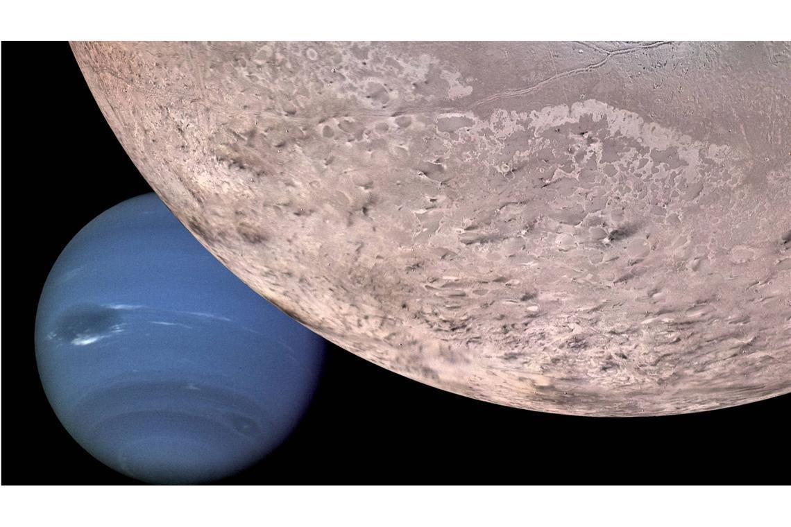 Neptun und sein Mond Triton: Fotomontage einer Aufnahme der Nasa-Raumsonde „Voyager II“ im Jahr 1998.