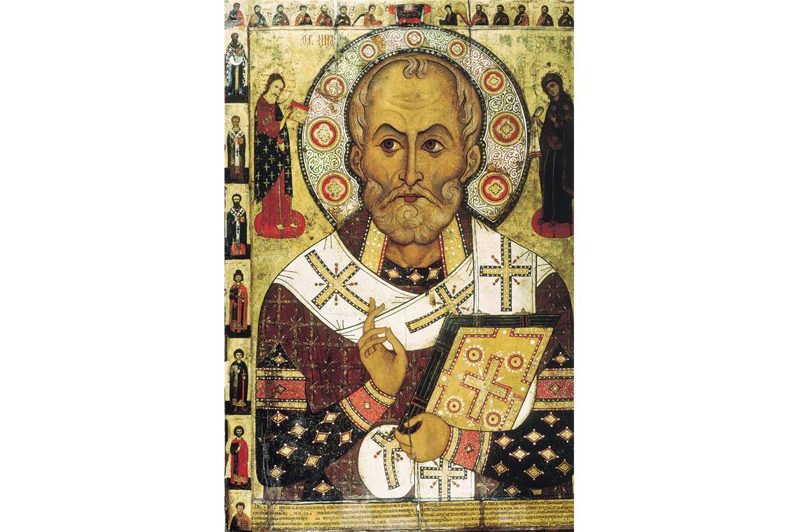 Nikolaus von Myra (russische Ikone von Alexa Petrow (1294,  Museum Nowgorod).