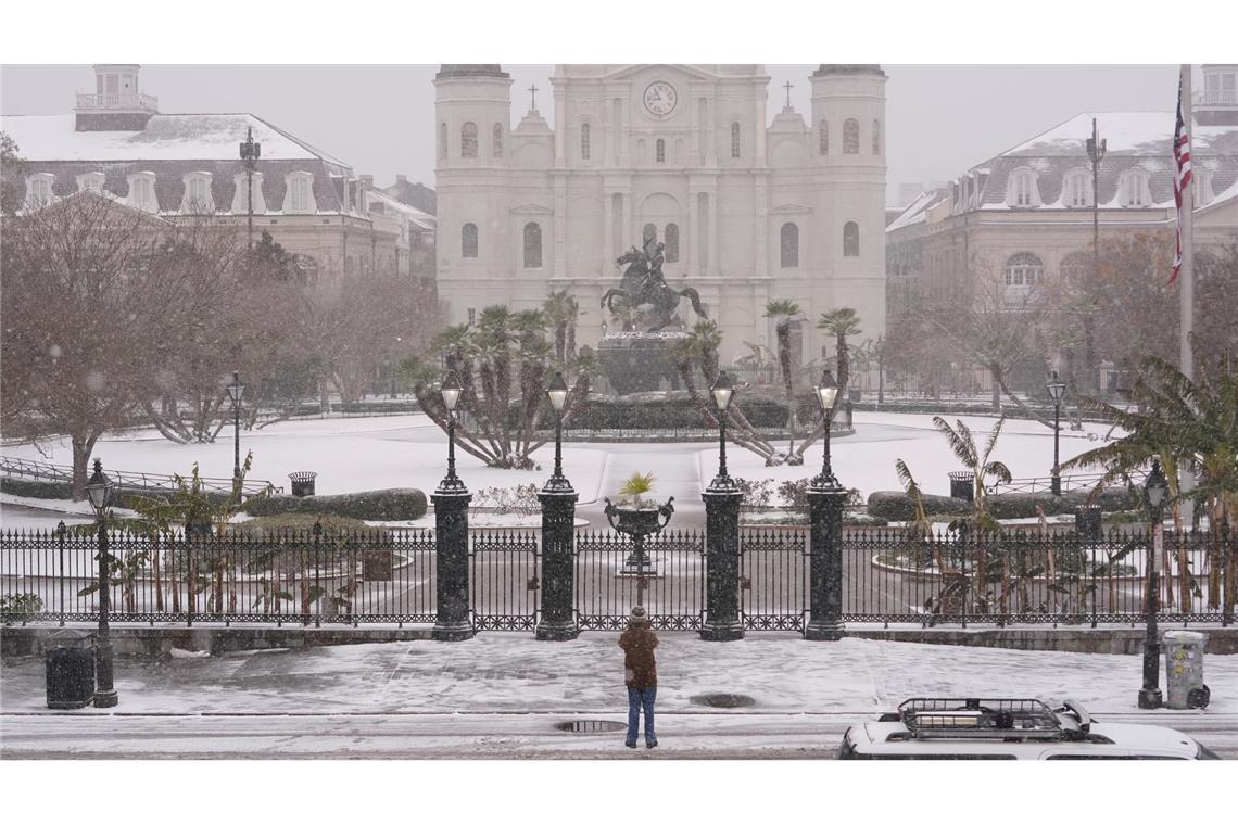 Palmen im Schnee: Winterwetter im French Quarter von New Orleans.